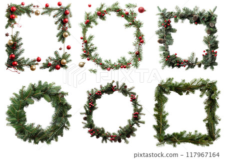 Six Christmas Wreaths with Decorations and Pine Cones Six Christmas Wreaths with Decorations and Pine Cones 117967164