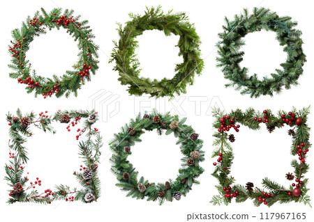 Collection of Christmas Wreaths and Garlands with Pine Cones and Red Berries 117967165