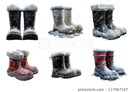 Six Pairs of Boots Covered in Snow 117967187