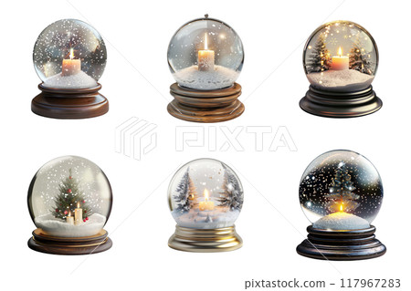 Six Christmas Snow Globes with Candle and Pine Tree Scenes Six Christmas Snow Globes with Candle and Pine Tree Scenes 117967283