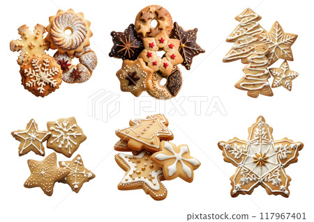 Assortment of Christmas Cookies with Various Shapes and Decorations 117967401