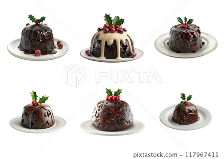 Five Christmas Puddings with Holly and Berries 117967411