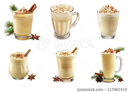 Various Styles of Eggnog Drinks with Christmas Decorations 117967418