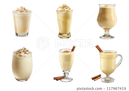 Assorted glasses of eggnog with whipped cream and cinnamon 117967419