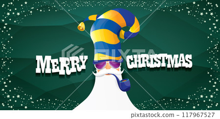 vector bad rock n roll dj santa claus with smoking pipe, beard and greeting calligraphic text on green horizontal banner background with stars. Green Christmas party wide poster background, flyer card vector bad rock n roll dj santa claus with smoking pipe, beard and greeting calligraphic text on green horizontal banner background with stars. Green Christmas party wide poster background, flyer card 117967527