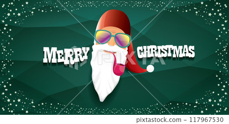 vector bad rock n roll dj santa claus with smoking pipe, beard and greeting calligraphic text on green horizontal banner background with stars. Green Christmas party wide poster background, flyer card vector bad rock n roll dj santa claus with smoking pipe, beard and greeting calligraphic text on green horizontal banner background with stars. Green Christmas party wide poster background, flyer card 117967530
