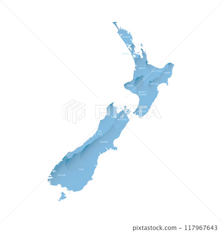 New Zealand political map of administrative divisions - regions. Shaded vector map with 3D-like blue gradient and name labels New Zealand political map of administrative divisions - regions. Shaded vector map with 3D-like blue gradient and name labels 117967643