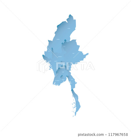 Myanmar political map of administrative divisions - states, regions and Naypyitaw Union Territory. Shaded vector map with 3D-like blue gradient and name labels Myanmar political map of administrative divisions - states, regions and Naypyitaw Union Territory. Shaded vector map with 3D-like blue gradient and name labels 117967658