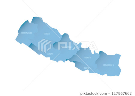 Nepal political map of administrative divisions - provinces. Shaded vector map with 3D-like blue gradient and name labels Nepal political map of administrative divisions - provinces. Shaded vector map with 3D-like blue gradient and name labels 117967662