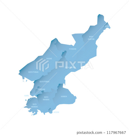 North Korea political map of administrative divisions - provinces. Shaded vector map with 3D-like blue gradient and name labels 117967667