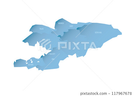 Kyrgyzstan political map of administrative divisions - regions and independent cities of Bishkek and Osh. Shaded vector map with 3D-like blue gradient and name labels Kyrgyzstan political map of administrative divisions - regions and independent cities of Bishkek and Osh. Shaded vector map with 3D-like blue gradient and name labels 117967678