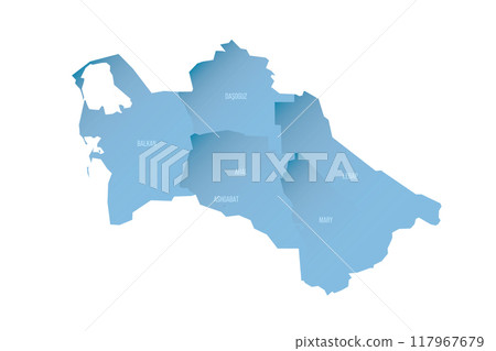Turkmenistan political map of administrative divisions - regions and capital city district of Ashgabat. Shaded vector map with 3D-like blue gradient and name labels 117967679