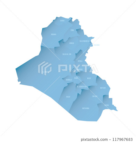 Iraq political map of administrative divisions - governorates and Kurdistan Region. Shaded vector map with 3D-like blue gradient and name labels Iraq political map of administrative divisions - governorates and Kurdistan Region. Shaded vector map with 3D-like blue gradient and name labels 117967683