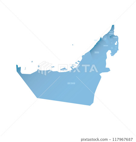 United Arab Emirates political map of administrative divisions - emirates. Shaded vector map with 3D-like blue gradient and name labels United Arab Emirates political map of administrative divisions - emirates. Shaded vector map with 3D-like blue gradient and name labels 117967687