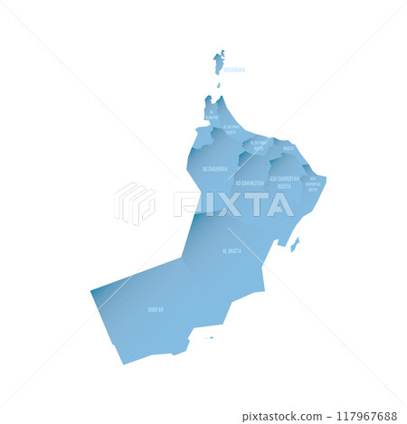 Oman political map of administrative divisions - governorates. Shaded vector map with 3D-like blue gradient and name labels 117967688