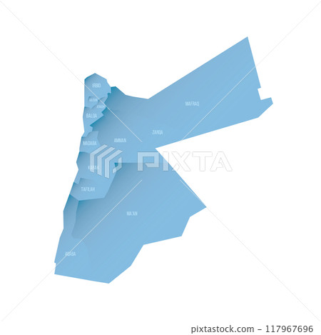 Jordan political map of administrative divisions - governorates. Shaded vector map with 3D-like blue gradient and name labels Jordan political map of administrative divisions - governorates. Shaded vector map with 3D-like blue gradient and name labels 117967696