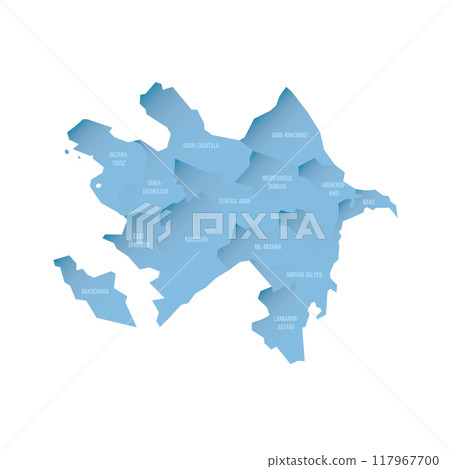 Azerbaijan political map of administrative divisions - districts, cities and autonomous republic of Nakhchivan. Shaded vector map with 3D-like blue gradient and name labels 117967700