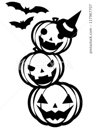 Halloween illustration of pumpkins and bats [vertical] [monochrome line drawing] 117967707