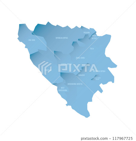 Bosnia and Herzegovina political map of administrative divisions - cantons of Federation of Bosnia and Herzegovina and Republika Srpska. Shaded vector map with 3D-like blue gradient and name labels Bosnia and Herzegovina political map of administrative divisions - cantons of Federation of Bosnia and Herzegovina and Republika Srpska. Shaded vector map with 3D-like blue gradient and name labels 117967725