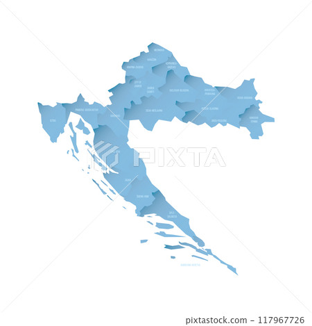 Croatia political map of administrative divisions - counties. Shaded vector map with 3D-like blue gradient and name labels Croatia political map of administrative divisions - counties. Shaded vector map with 3D-like blue gradient and name labels 117967726