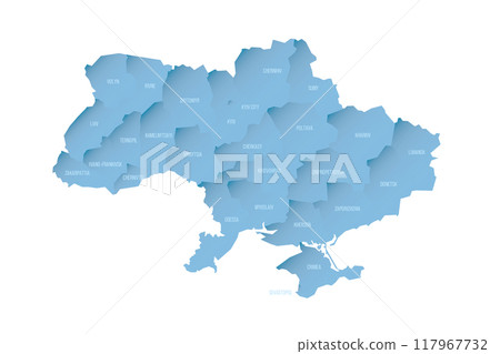 Ukraine political map of administrative divisions - regions, two cities with special status of Kyiv and Sevastopol, and autonomous republic of Crimea. Shaded vector map with 3D-like blue gradient and 117967732