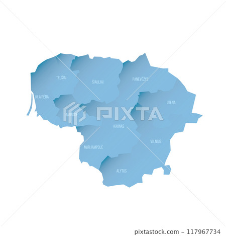 Lithuania political map of administrative divisions - counties. Shaded vector map with 3D-like blue gradient and name labels Lithuania political map of administrative divisions - counties. Shaded vector map with 3D-like blue gradient and name labels 117967734