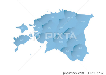 Estonia political map of administrative divisions - counties. Shaded vector map with 3D-like blue gradient and name labels 117967737