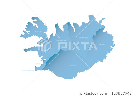 Iceland political map of administrative divisions - regions. Shaded vector map with 3D-like blue gradient and name labels 117967742