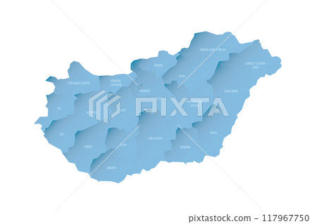 Hungary political map of administrative divisions - counties and autonomous city of Budapest. Shaded vector map with 3D-like blue gradient and name labels 117967750