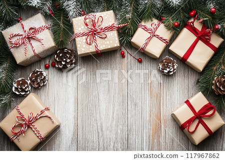 Christmas decoration and gift boxes on wooden background 117967862