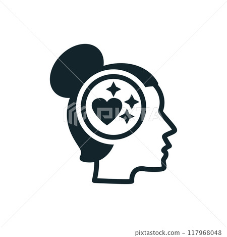 Woman thinking about love with heart and sparkles inside head silhouette icon 117968048