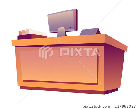 Flat vector illustration of an organized office desk workspace with a computer screen papers and books design ideal for office space optimization and decoration Flat vector illustration of an organized office desk workspace with a computer screen papers and books design ideal for office space optimization and decoration 117968088