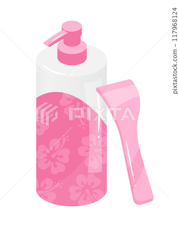 Pink soap dispenser with floral design flat vector illustration isolated on white background detailed illustration of bathroom accessory functional home item part of daily hygiene 117968124