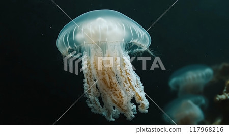 Graceful jellyfish swimming in dark ocean waters with luminous tentacles during nighttime 117968216