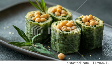 Fresh green sushi rolls filled with chickpeas and garnished with herbs on a dark plate 117968219