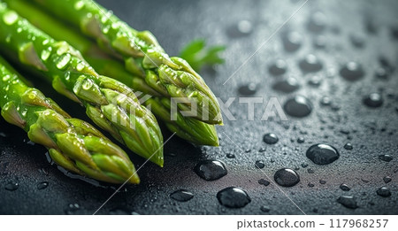 Freshly washed green asparagus spears resting on a dark surface with droplets of water 117968257