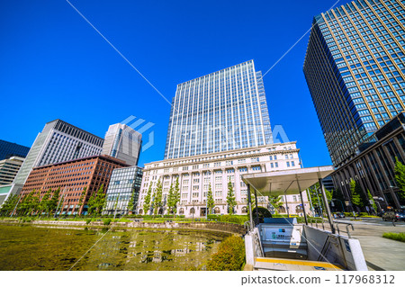 Tokyo cityscape in Japan, overlooking Nijubashimae (Marunouchi) Station Entrance 2 and Babasakimon Gate 117968312