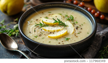 Creamy lemon soup garnished with herbs and lemon slices served in a rustic bowl 117968349