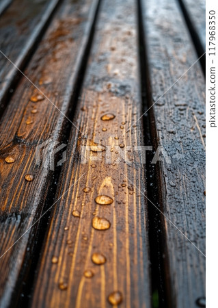 Raindrops glisten on dark wooden planks during a peaceful rain shower in a quiet garden 117968350
