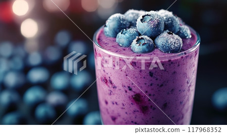 Refreshing berry smoothie topped with blueberries and sugar in a colorful kitchen setting Refreshing berry smoothie topped with blueberries and sugar in a colorful kitchen setting 117968352