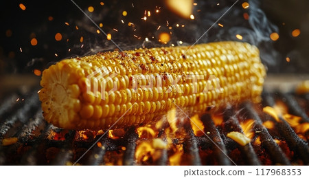 Grilled corn on the cob roasting over hot coals with smoky flavors and sparks flying Grilled corn on the cob roasting over hot coals with smoky flavors and sparks flying 117968353