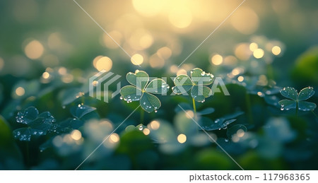Dew-kissed clovers in a tranquil forest setting reflecting early morning light 117968365