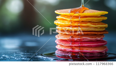 A stack of colorful pancakes layered with syrup on a dark surface in morning light 117968366