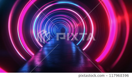 Vibrant neon tunnel illuminated by colorful lights envelops the viewer in an immersive experience 117968396