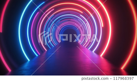 Vibrant neon tunnel illuminated by colorful lights envelops the viewer in an immersive experience 117968397