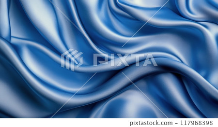 Rich blue satin fabric in elegant folds showcasing its smooth texture and sheen 117968398