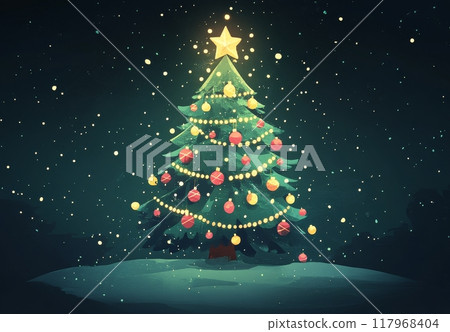 A beautifully decorated Christmas tree illuminated with colorful ornaments during winter nights 117968404