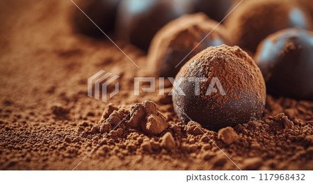 Chocolate truffles resting on a bed of cocoa powder in soft lighting, creating a rich atmosphere Chocolate truffles resting on a bed of cocoa powder in soft lighting, creating a rich atmosphere 117968432