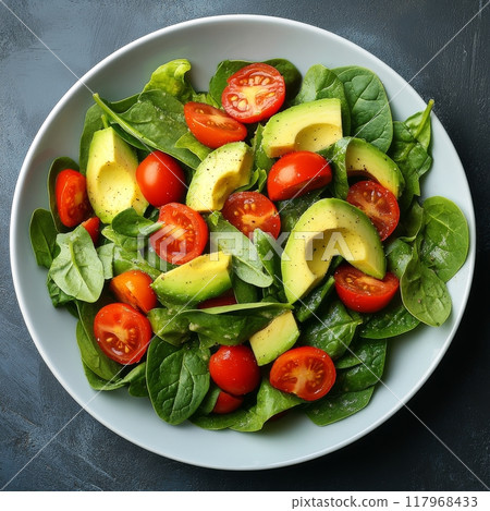 Fresh spinach and tomato salad with sliced avocado served in a black bowl on a textured surface 117968433