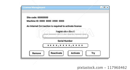 Registration window in old style on computer. Serial Number digital form. 117968462